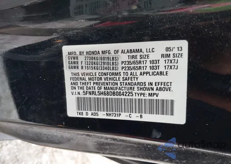 2013 Honda Odyssey Ex-L from USA, damaged, VIN 5FNRL5H68DB084225